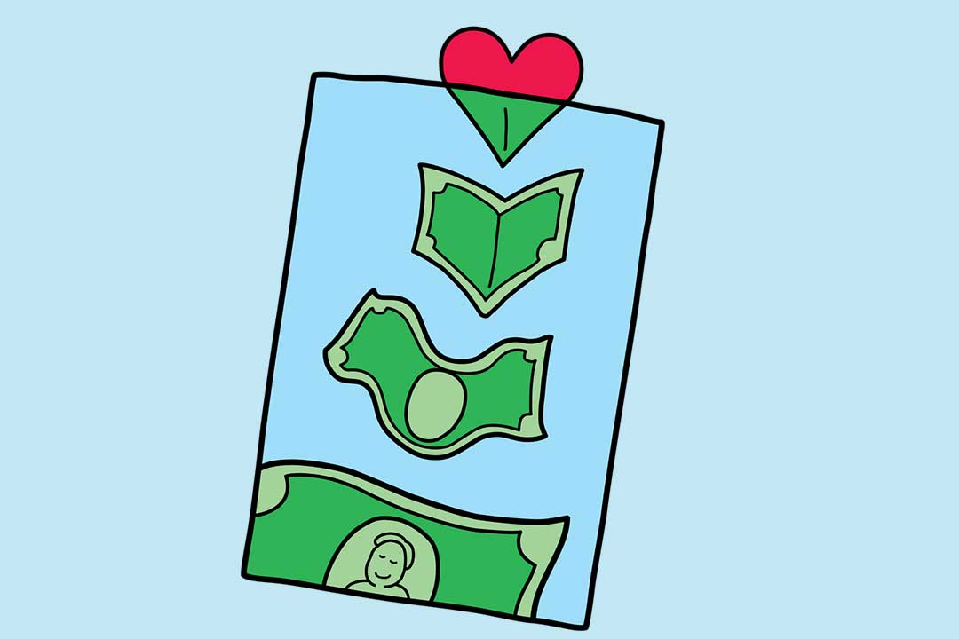 Penger flyr inn i en pose med et hjerte som forvandles til en dollarseddel