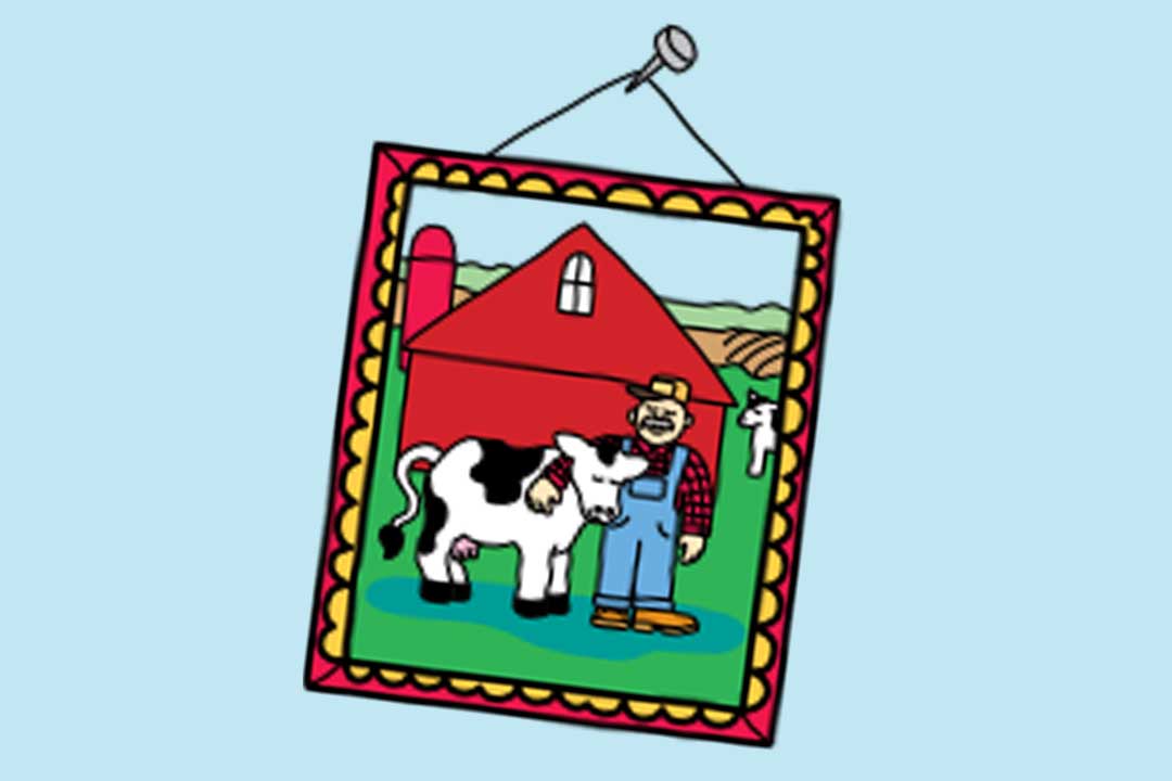 Et bilde av en bonde som gir kuen sin en klem